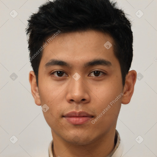 Neutral asian young-adult male with short  black hair and brown eyes