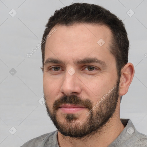 Neutral white young-adult male with short  black hair and brown eyes