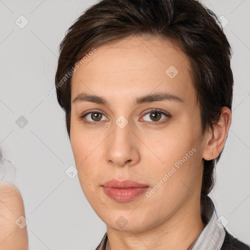 Neutral white young-adult female with medium  brown hair and brown eyes