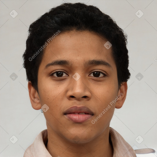 Joyful latino young-adult male with short  brown hair and brown eyes