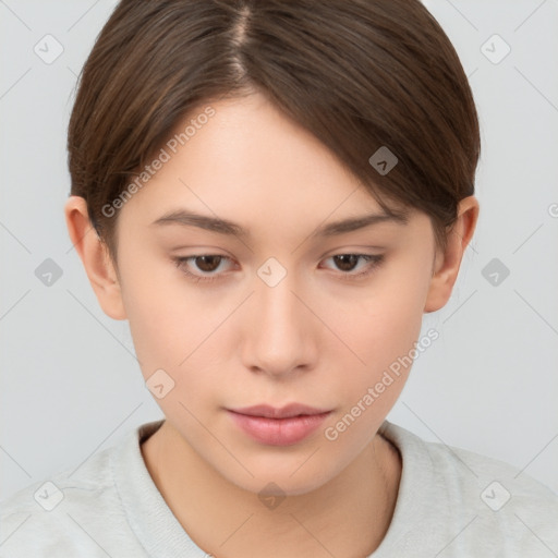 Neutral white young-adult female with short  brown hair and brown eyes