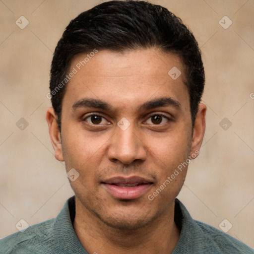 Joyful white young-adult male with short  black hair and brown eyes