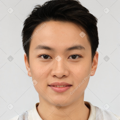 Joyful asian young-adult male with short  brown hair and brown eyes