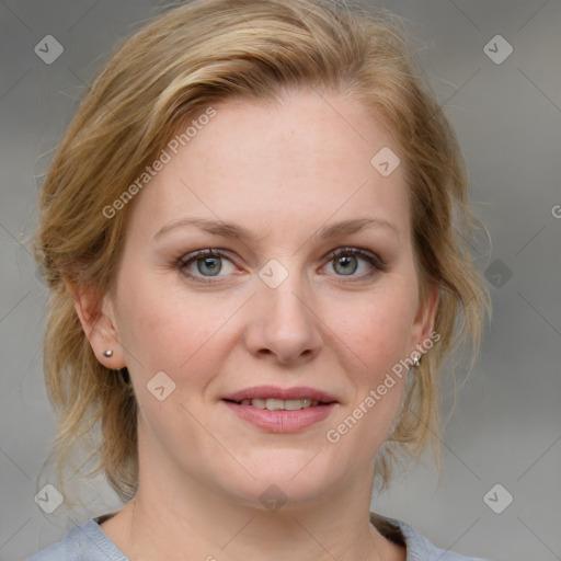 Joyful white young-adult female with medium  brown hair and blue eyes