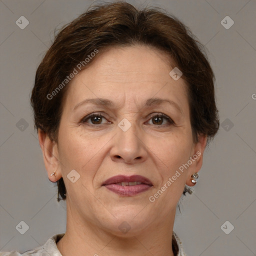 Joyful white adult female with short  brown hair and brown eyes