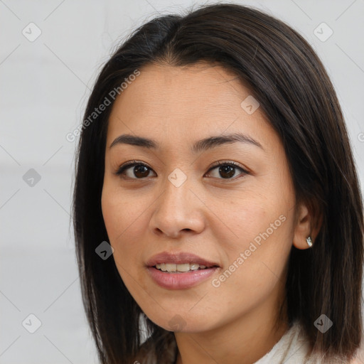 Joyful white young-adult female with long  brown hair and brown eyes