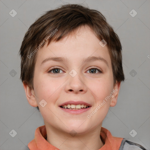 Joyful white child female with short  brown hair and brown eyes