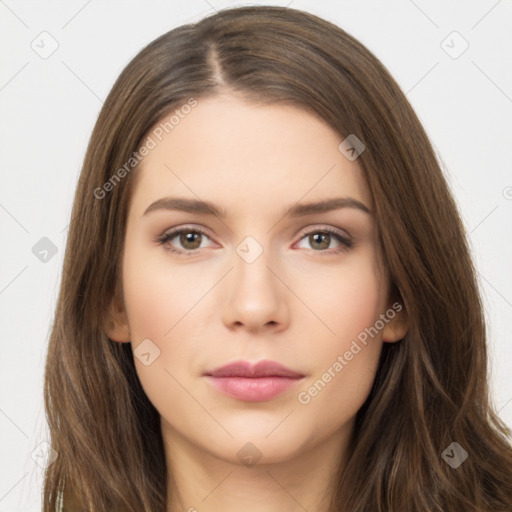 Neutral white young-adult female with long  brown hair and brown eyes