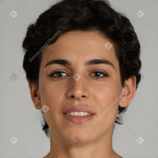 Joyful white young-adult female with short  brown hair and brown eyes