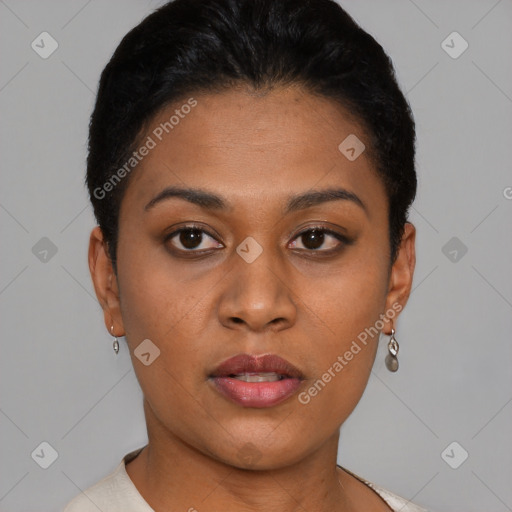 Neutral black young-adult female with short  black hair and brown eyes