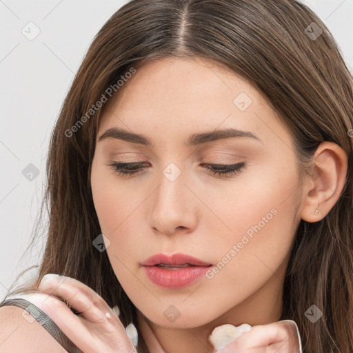 Neutral white young-adult female with long  brown hair and brown eyes