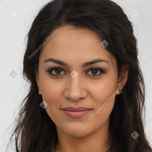 Joyful latino young-adult female with long  brown hair and brown eyes