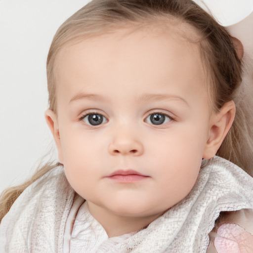 Neutral white child female with medium  brown hair and blue eyes