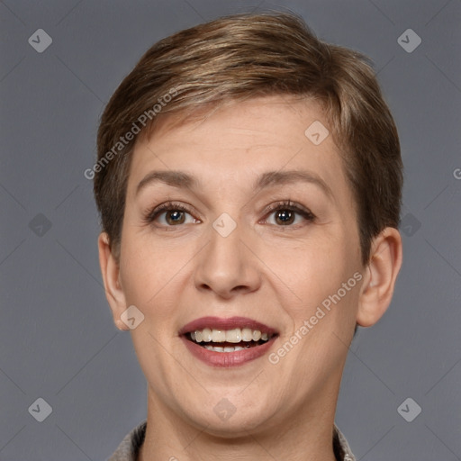 Joyful white adult female with short  brown hair and grey eyes