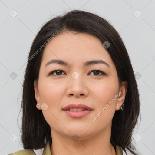 Neutral asian young-adult female with medium  brown hair and brown eyes