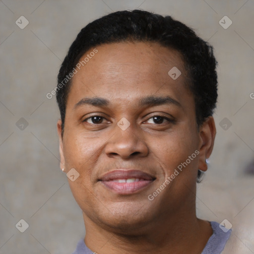 Joyful black young-adult male with short  black hair and brown eyes