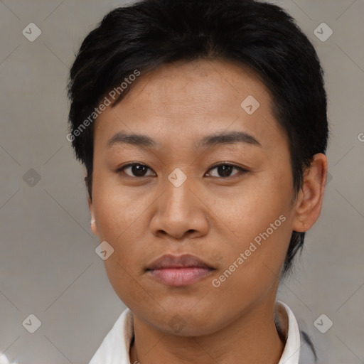 Neutral asian young-adult female with short  black hair and brown eyes