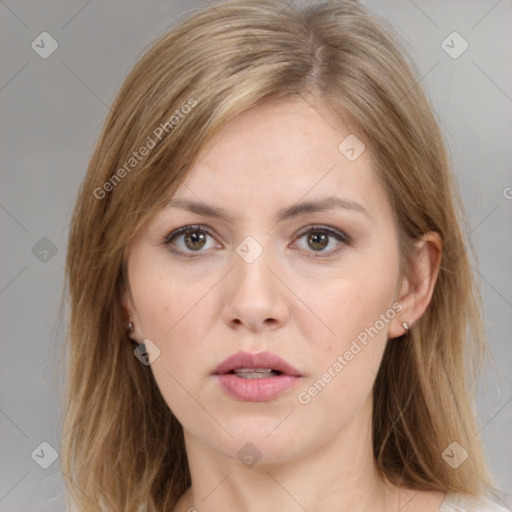 Neutral white young-adult female with medium  brown hair and brown eyes