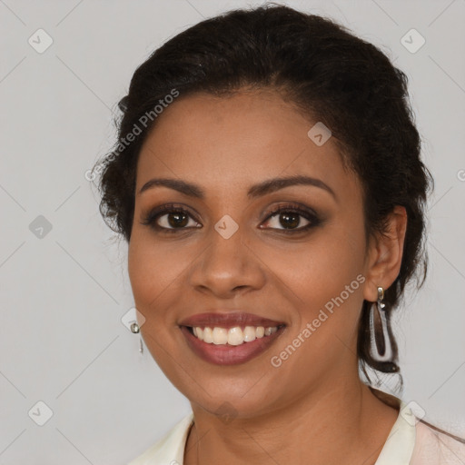 Joyful latino young-adult female with long  brown hair and brown eyes