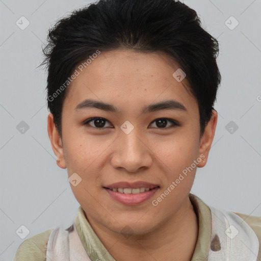 Joyful asian young-adult female with short  brown hair and brown eyes