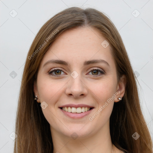 Joyful white young-adult female with long  brown hair and grey eyes