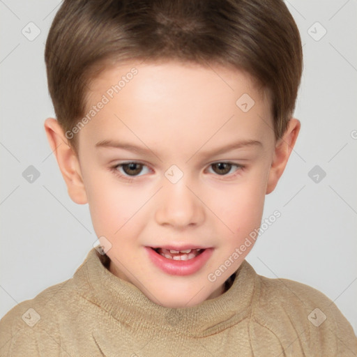 Joyful white child female with short  brown hair and brown eyes