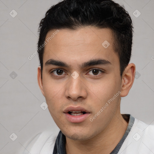 Neutral white young-adult male with short  brown hair and brown eyes