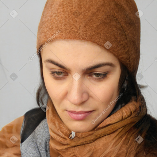 Neutral white young-adult female with medium  brown hair and brown eyes