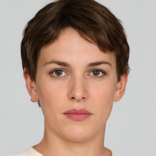 Neutral white young-adult female with short  brown hair and brown eyes