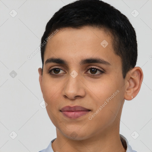 Joyful latino young-adult male with short  black hair and brown eyes