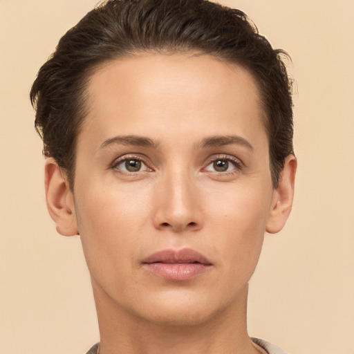 Neutral white young-adult female with short  brown hair and brown eyes