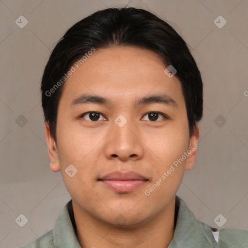 Neutral asian young-adult male with short  brown hair and brown eyes