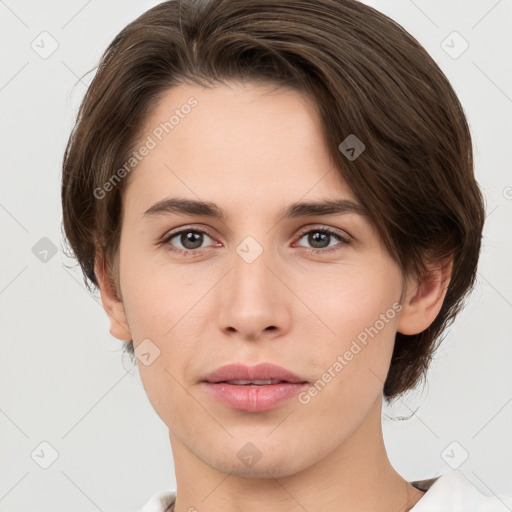 Neutral white young-adult female with short  brown hair and brown eyes