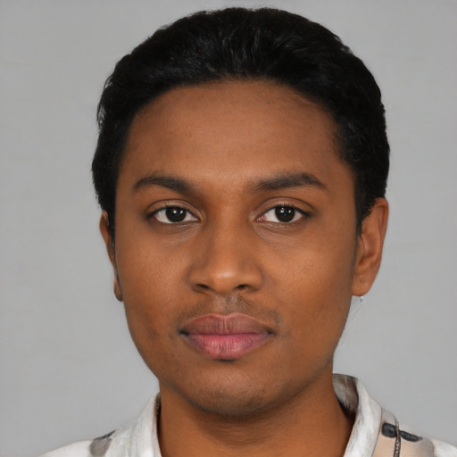 Neutral latino young-adult male with short  black hair and brown eyes