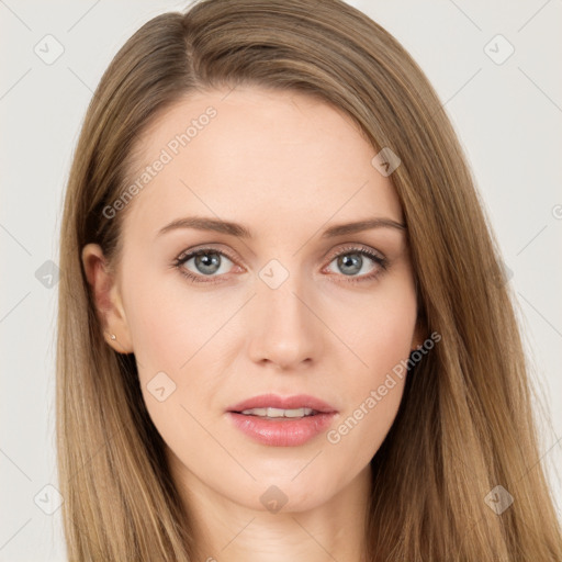 Neutral white young-adult female with long  brown hair and brown eyes