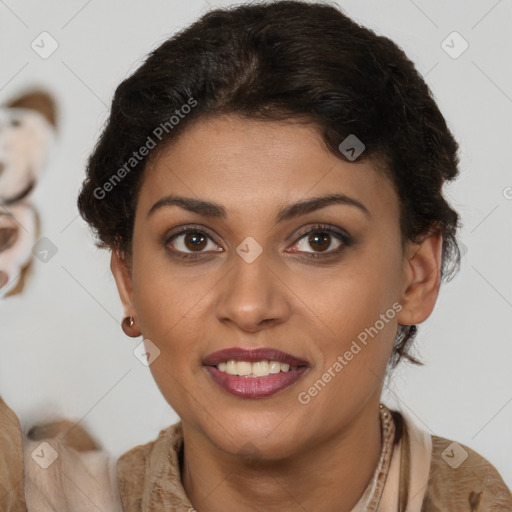 Joyful latino young-adult female with short  brown hair and brown eyes