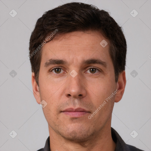 Neutral white adult male with short  brown hair and brown eyes