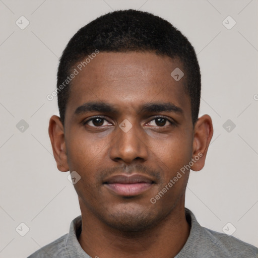 Neutral black young-adult male with short  black hair and brown eyes