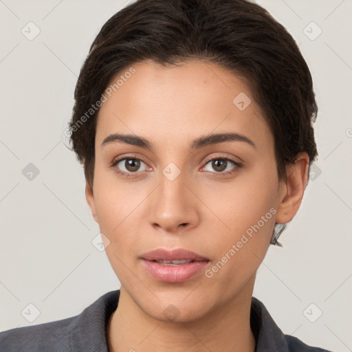 Neutral white young-adult female with short  brown hair and brown eyes