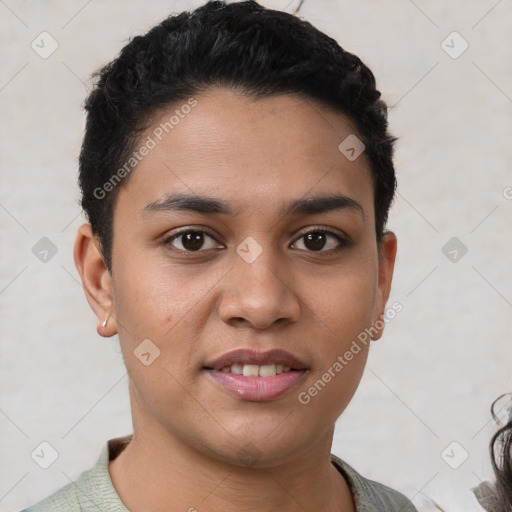 Joyful white young-adult female with short  brown hair and brown eyes