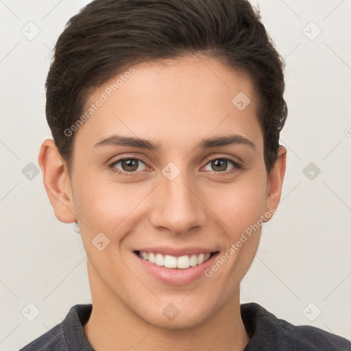 Joyful white young-adult female with short  brown hair and brown eyes