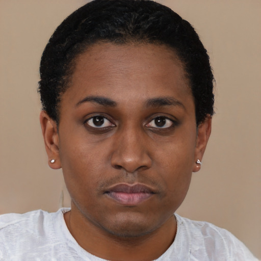 Neutral black young-adult female with short  black hair and brown eyes