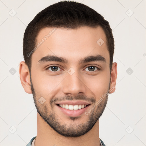 Joyful white young-adult male with short  brown hair and brown eyes