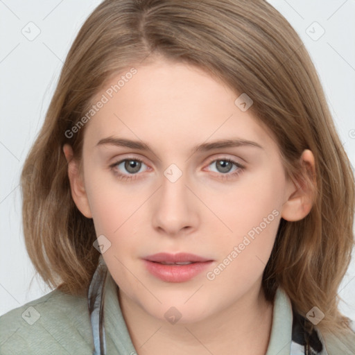 Neutral white young-adult female with medium  brown hair and brown eyes