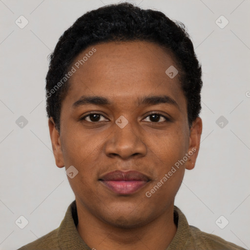 Joyful black young-adult male with short  black hair and brown eyes