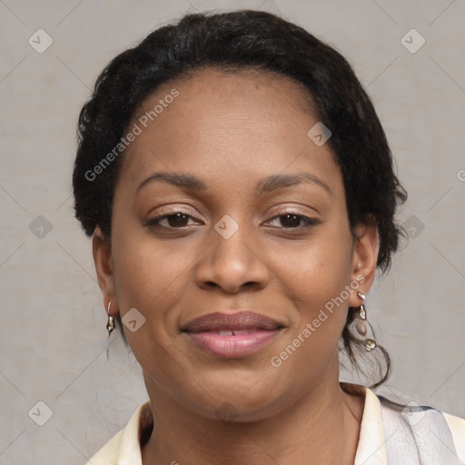 Joyful black young-adult female with medium  brown hair and brown eyes