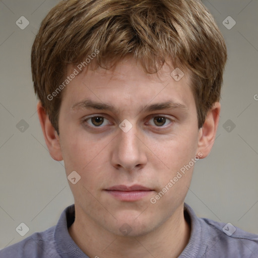 Neutral white young-adult male with short  brown hair and grey eyes