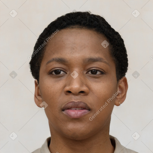 Neutral black young-adult female with short  black hair and brown eyes