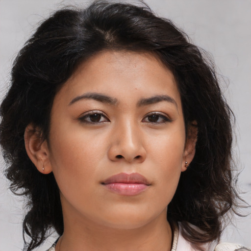 Neutral asian young-adult female with medium  brown hair and brown eyes