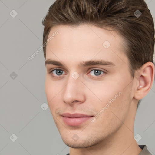 Neutral white young-adult male with short  brown hair and grey eyes